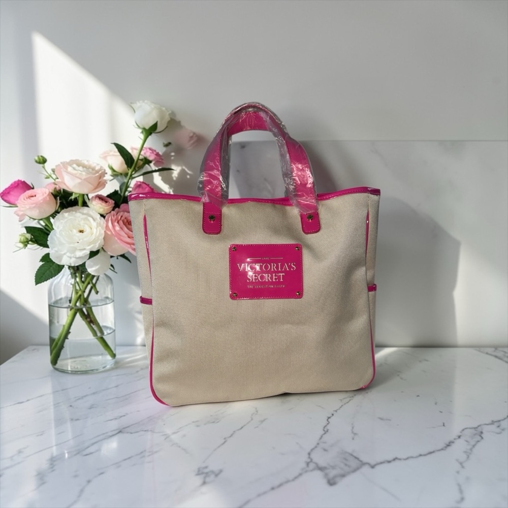 Victoria's Secret Vintage Beige Tote with Hot Pink Accents Set NEW - Picture 2 of 9
